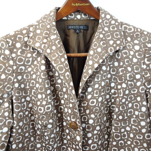 Lafayette 148 Brown Cotton Blazer Size 14 Abstract Print 3/4 Sleeves Boxy Career - Picture 2 of 8